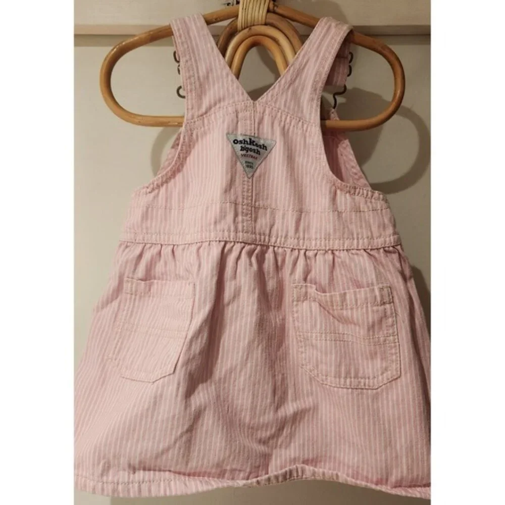Vintage style OshKosh B'gosh‎ Pink White Stripe Overalls Dress Baby Girl 12m